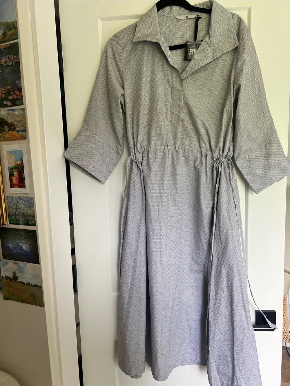 Gray Textured Midi Dress with Drawstring Waist